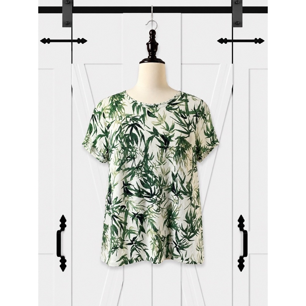 J. Jill Linen Blend Botanical Tropical Print Size XS Green Button Back Blouse